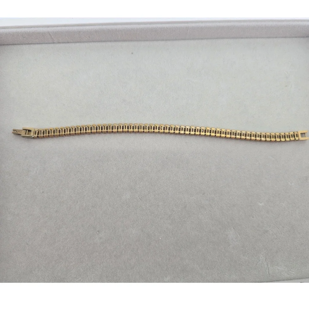 Tennis Bracelet Women 6.75 Baguette Pink Crystal Gold Tone Elegant EUC